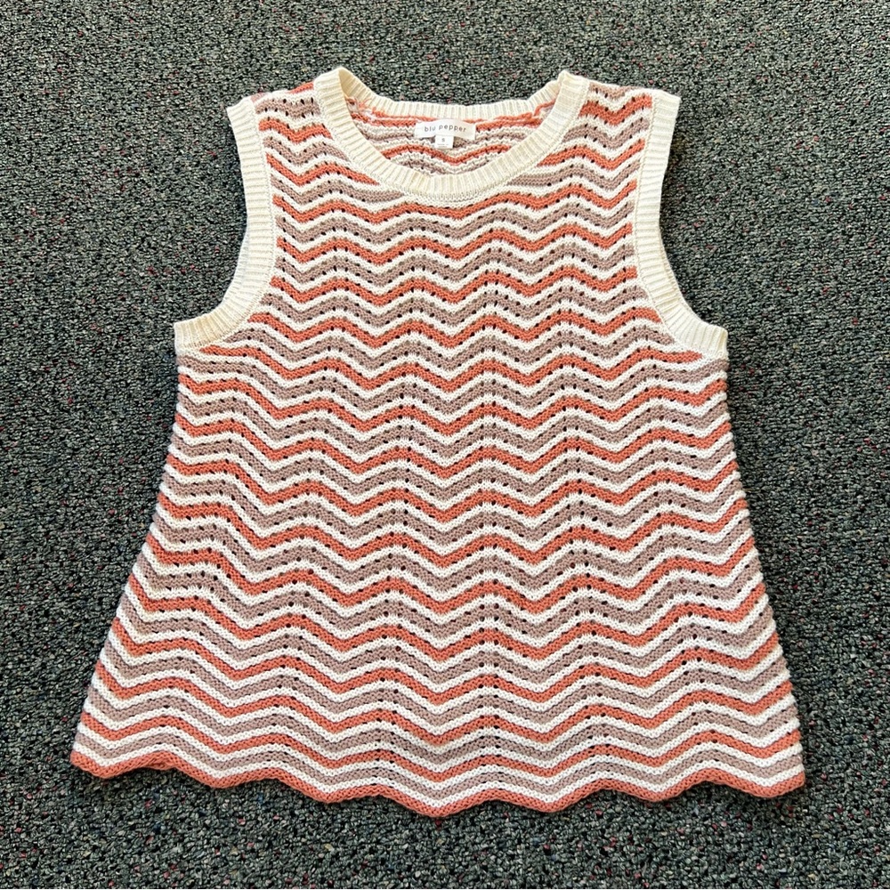 Knit Crochet 60% Cotton Zig Zag Stripes Scallop Hem Sweater Vest Tank Top Sz S